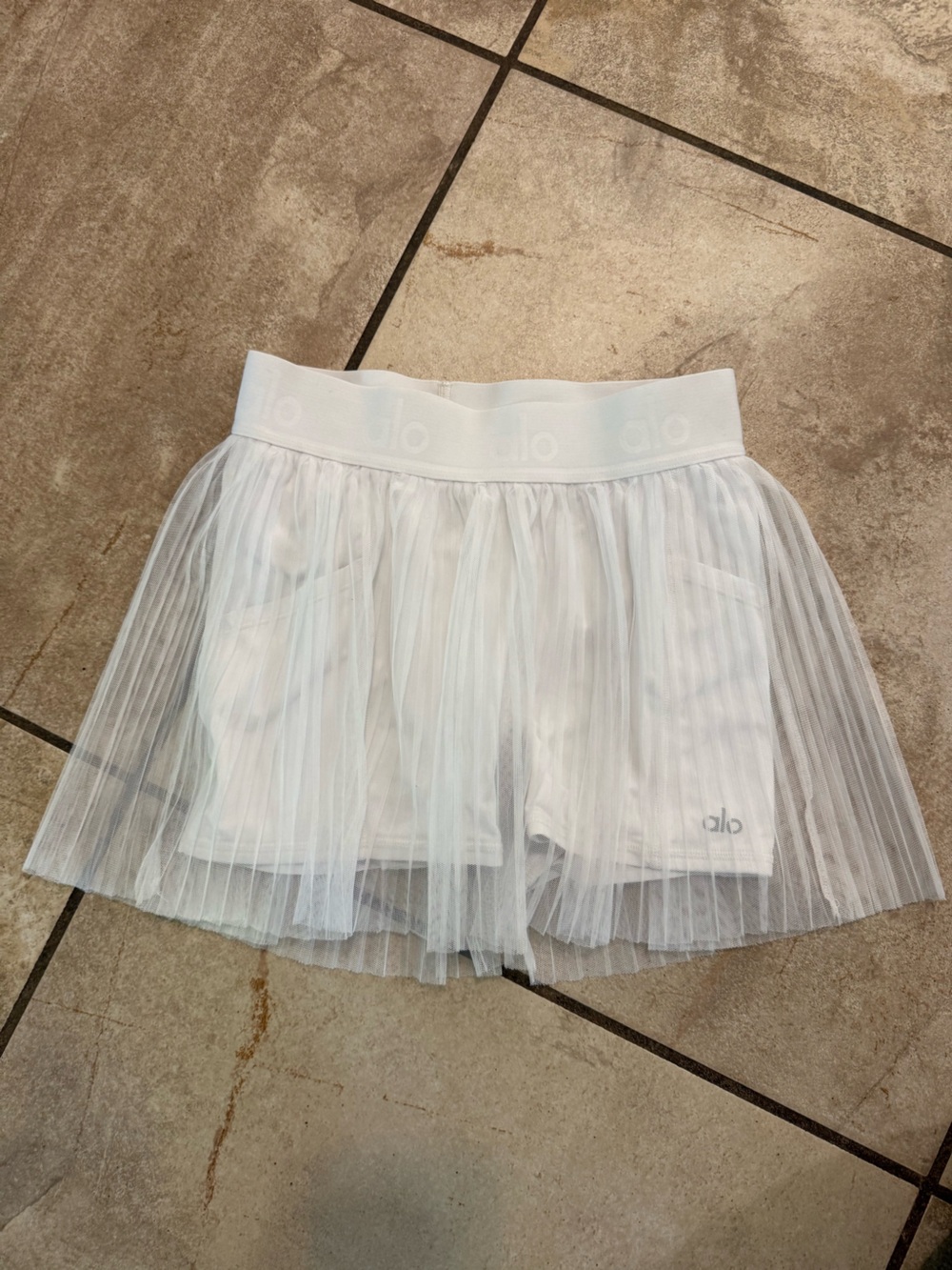 ALO Yoga White Pleated Tulle Mini Skirt with Built-In Shorts